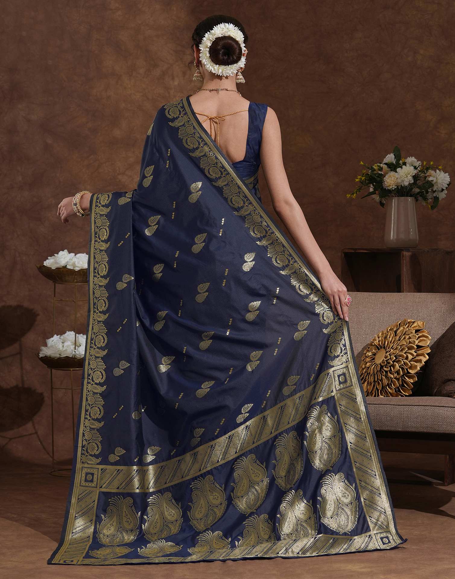 Navy Blue Silk Woven Banarasi Saree
