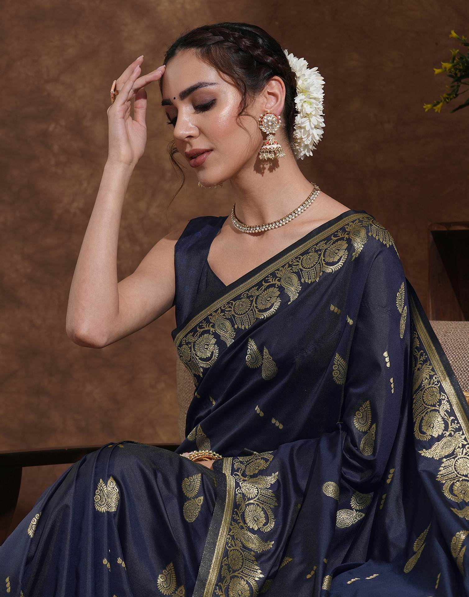 Navy Blue Silk Woven Banarasi Saree