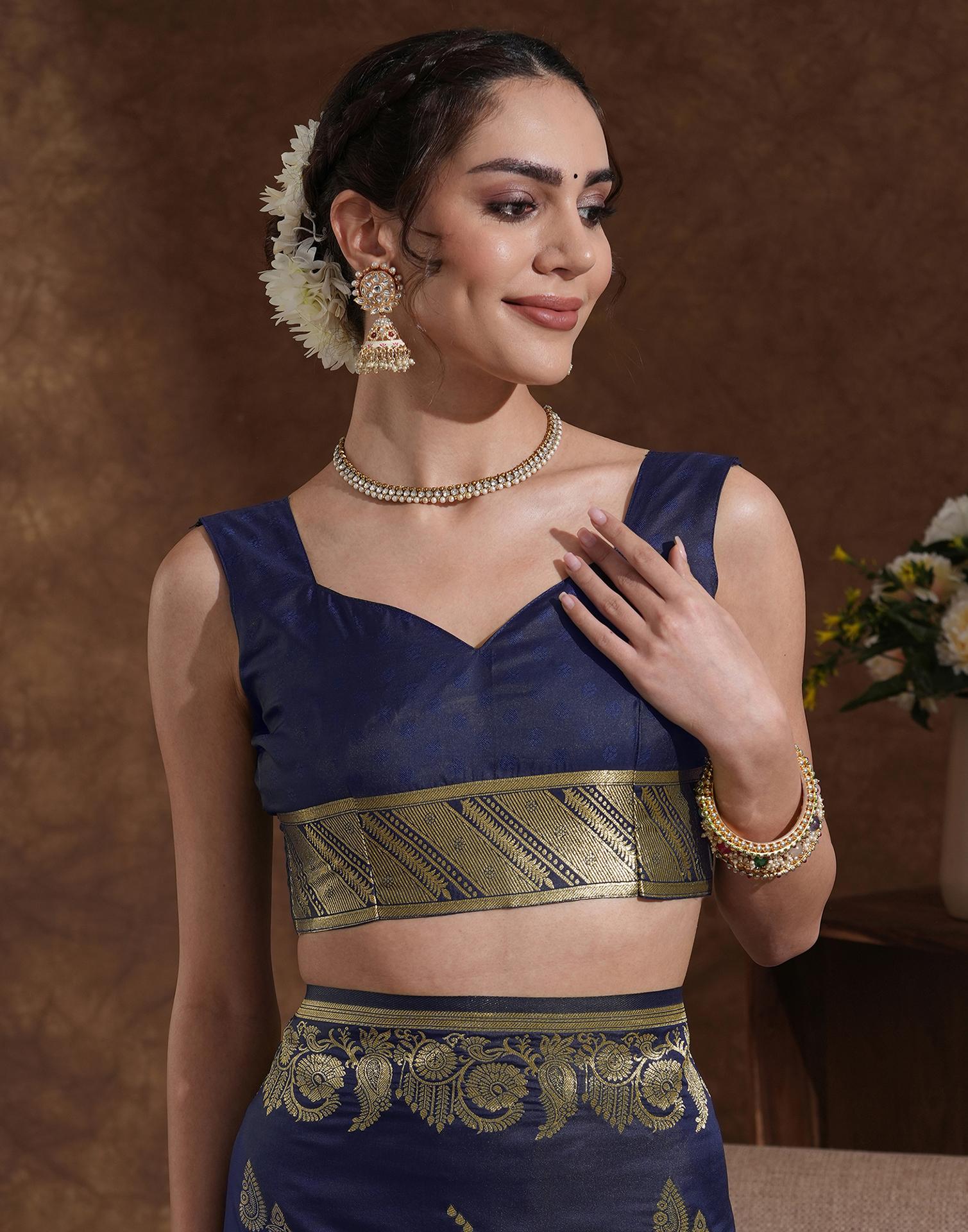 Navy Blue Silk Woven Banarasi Saree