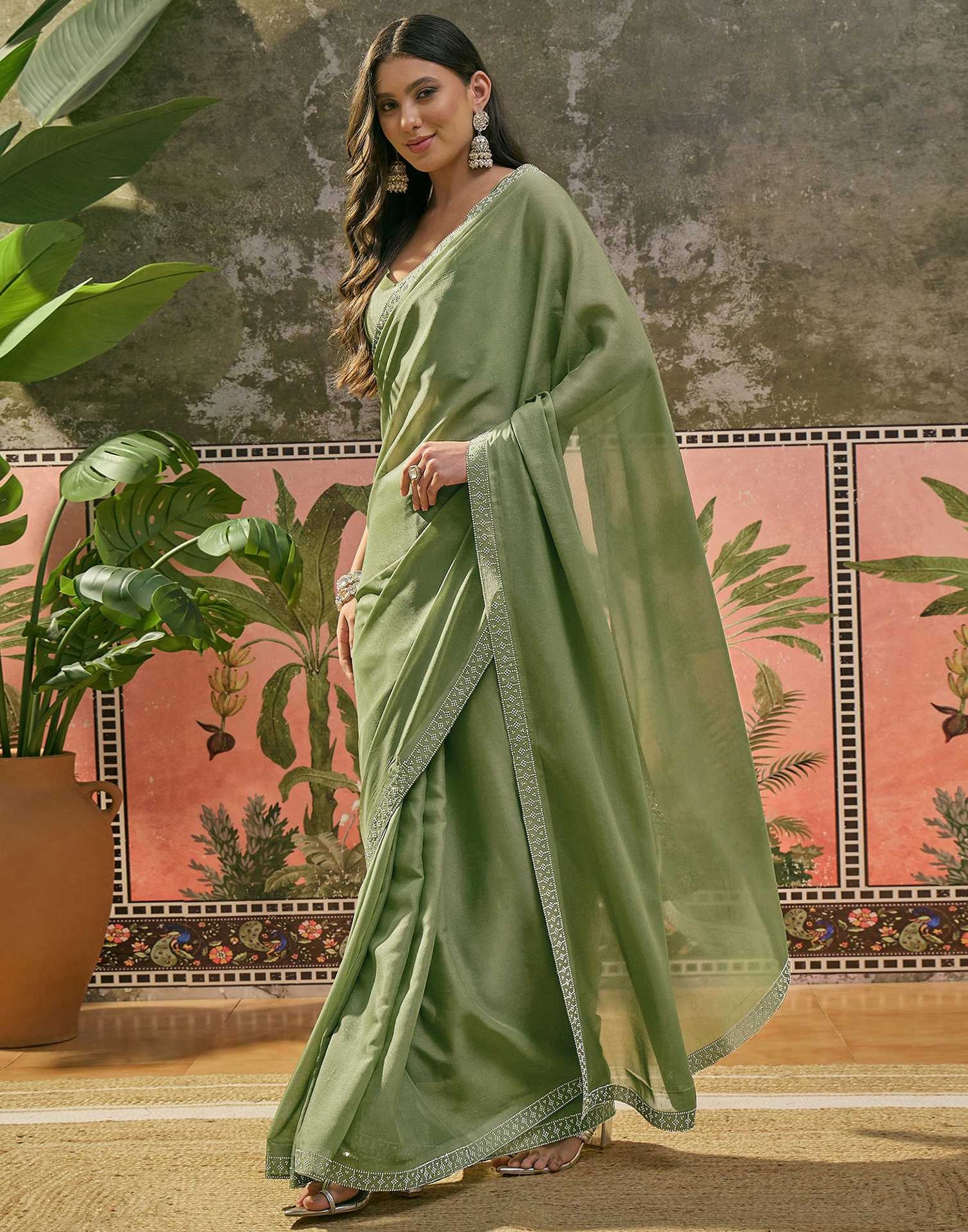 Mehandi Green Shimmer Stone Work Swarovski Saree