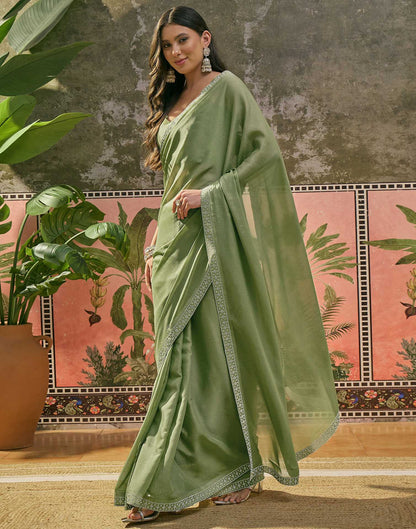Mehandi Green Shimmer Stone Work Swarovski Saree