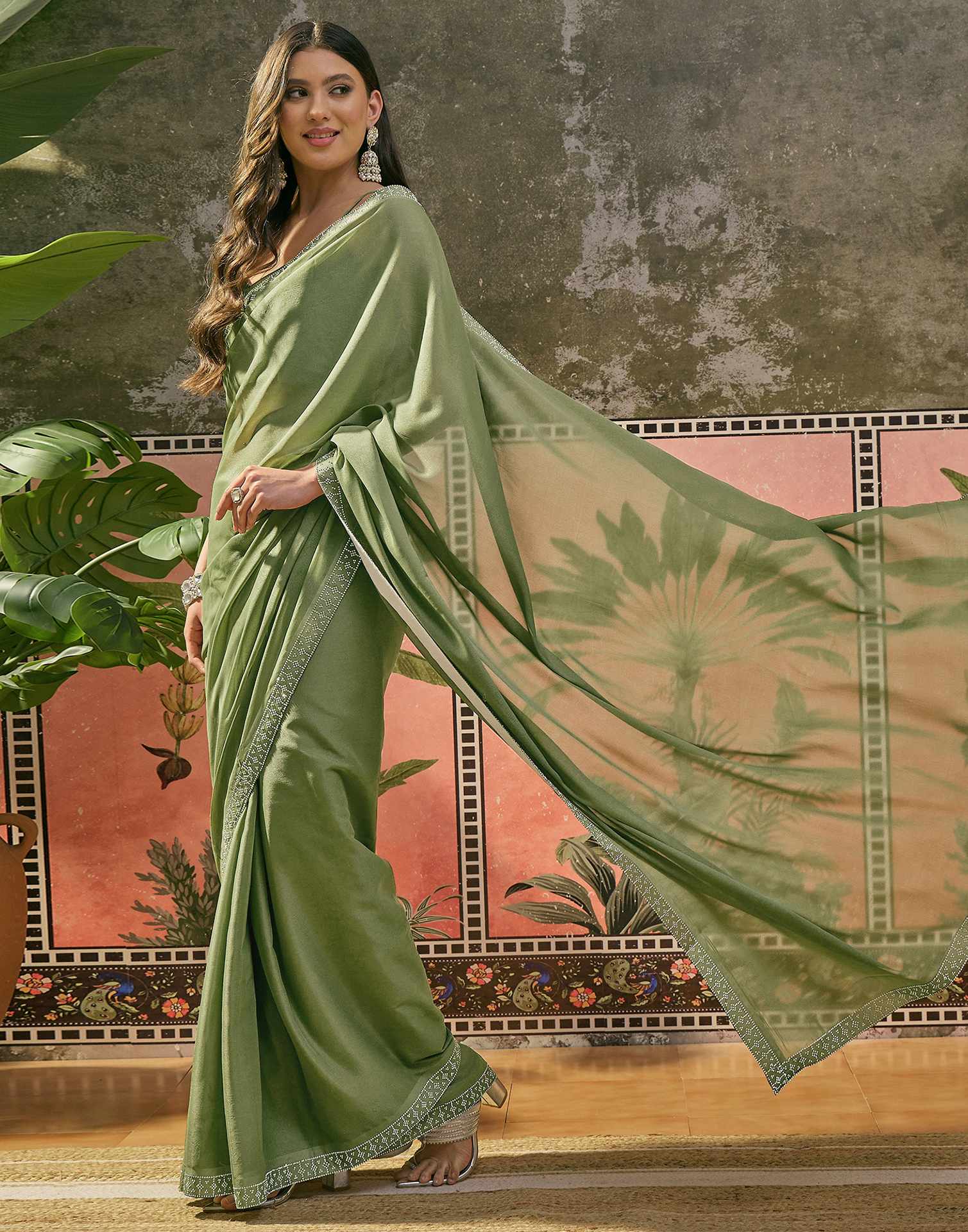 Mehandi Green Shimmer Stone Work Swarovski Saree