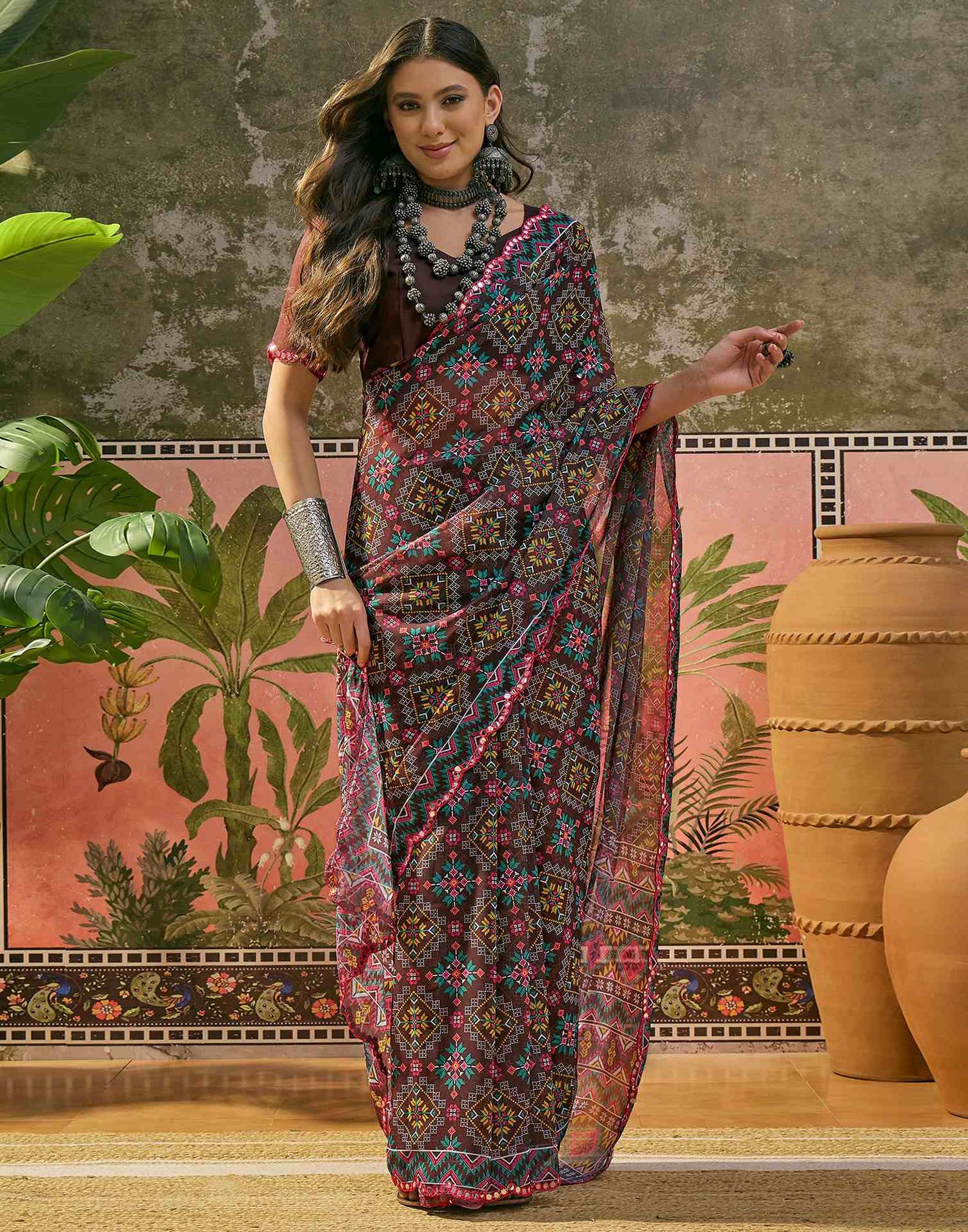 Dark Brown Georgette Printed Mirror Work Saree