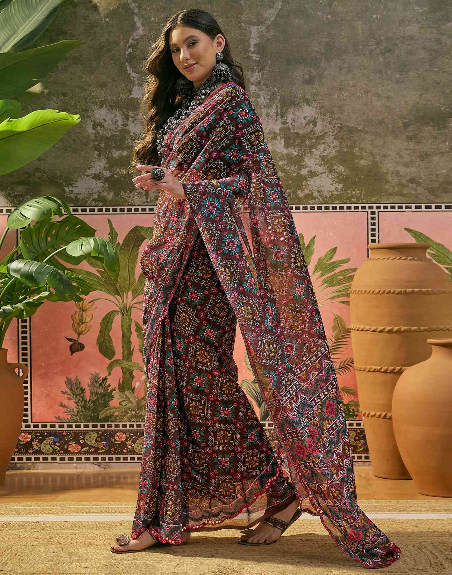 Dark Brown Georgette Printed Mirror Work Saree