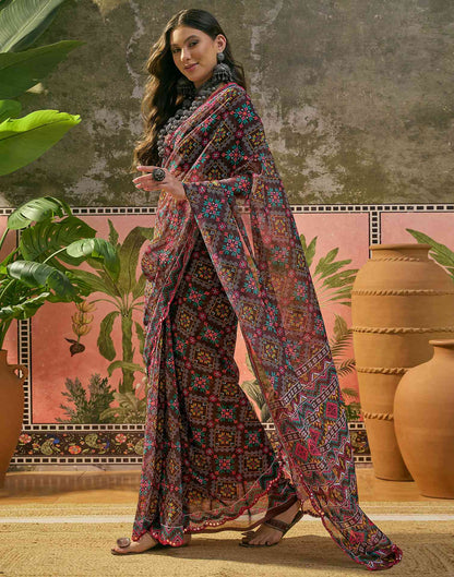 Dark Brown Georgette Printed Mirror Work Saree