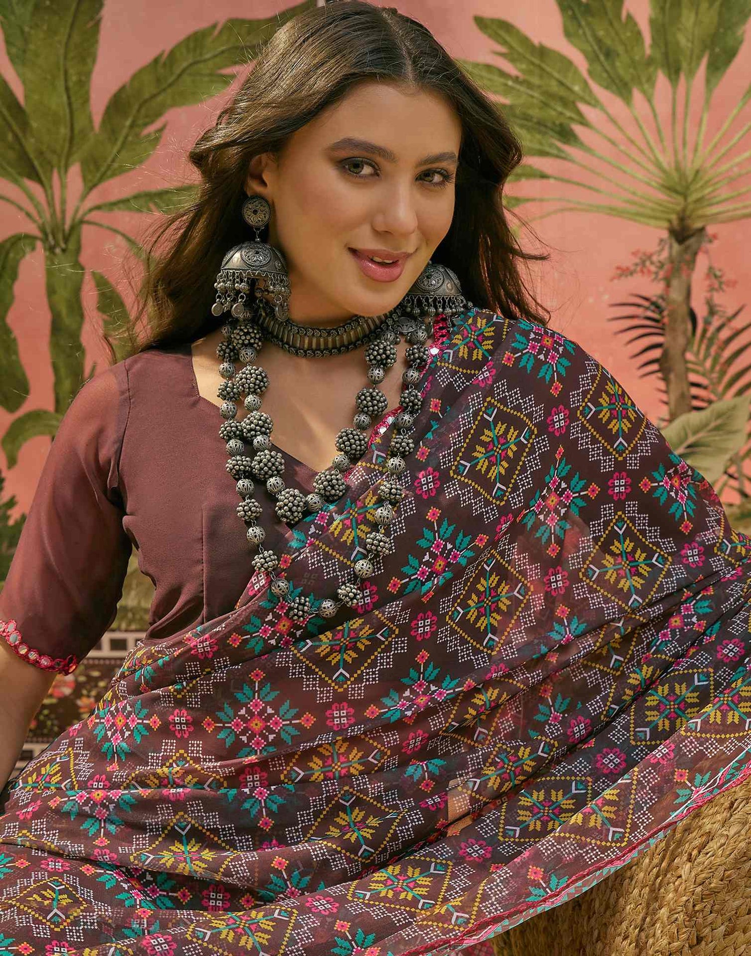 Dark Brown Georgette Printed Mirror Work Saree