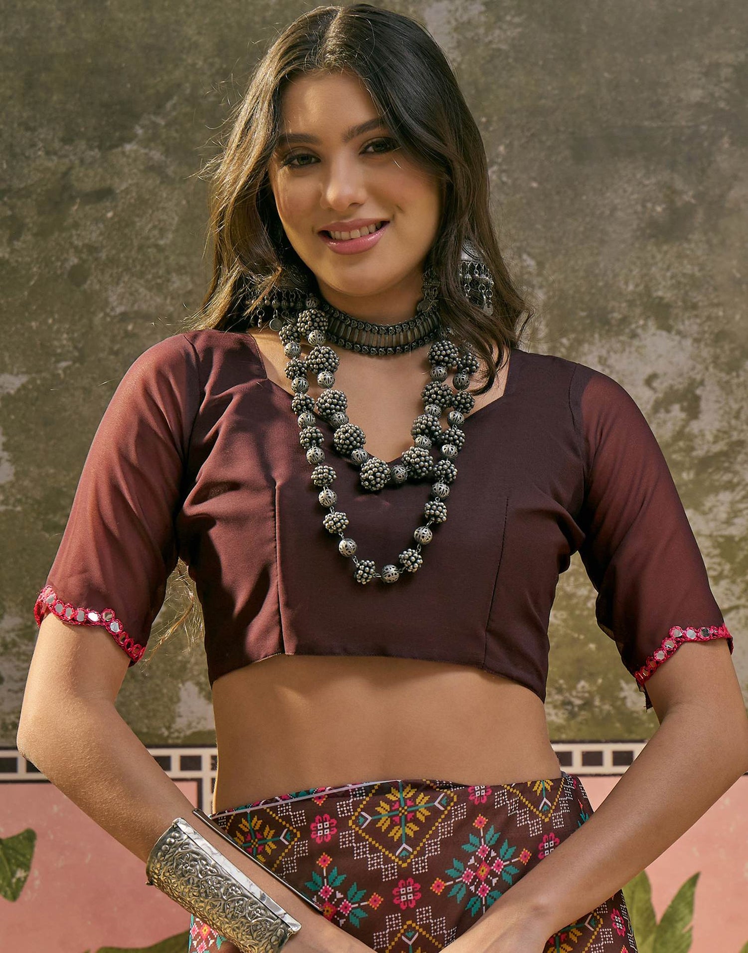 Dark Brown Georgette Printed Mirror Work Saree