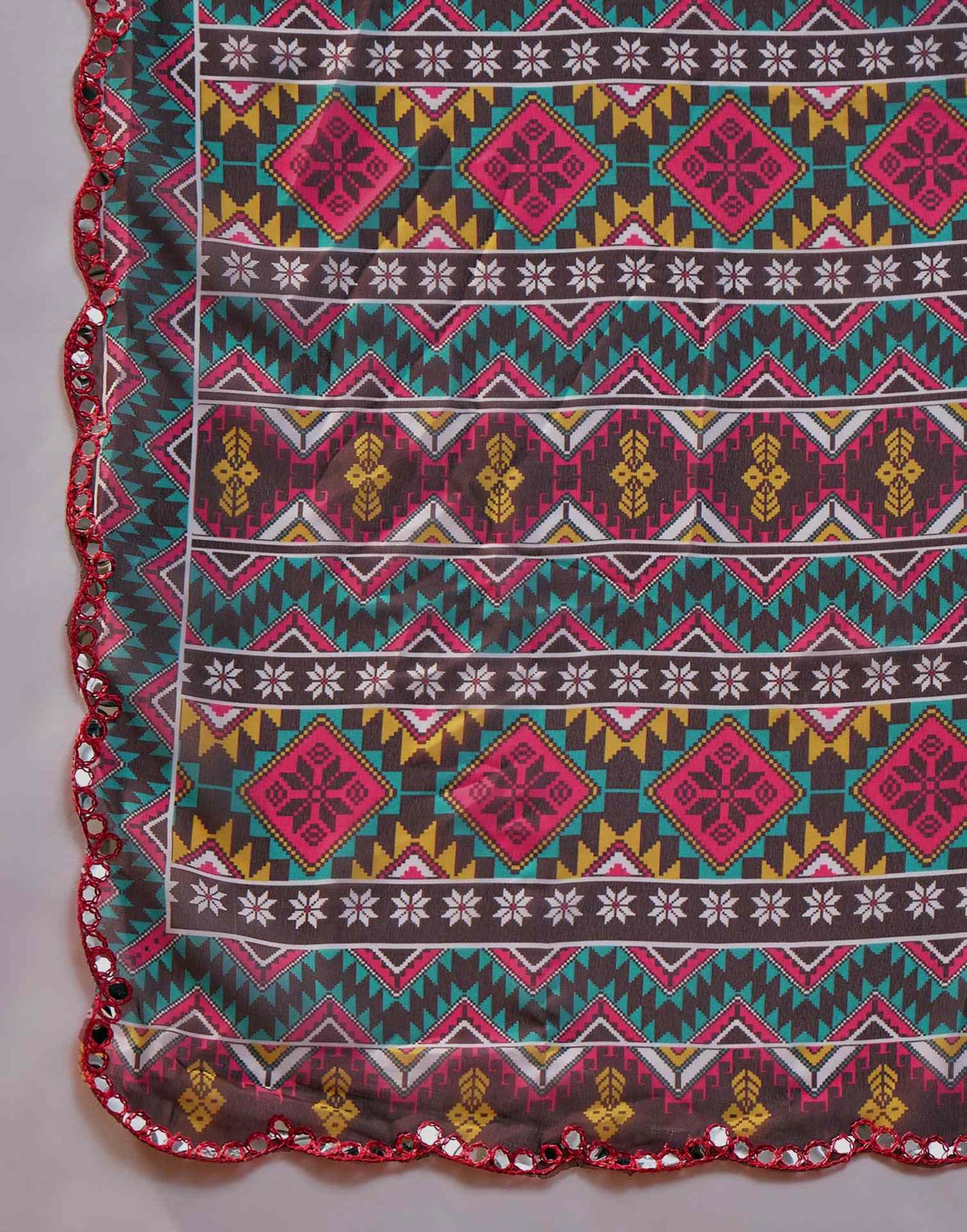 Dark Brown Georgette Printed Mirror Work Saree