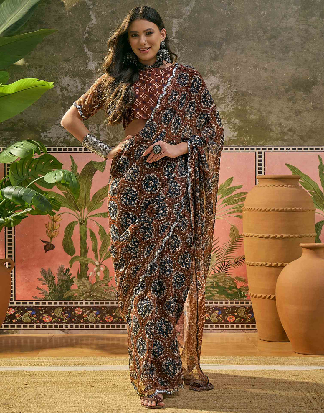 Brown Georgette Printed Mirror Work Saree