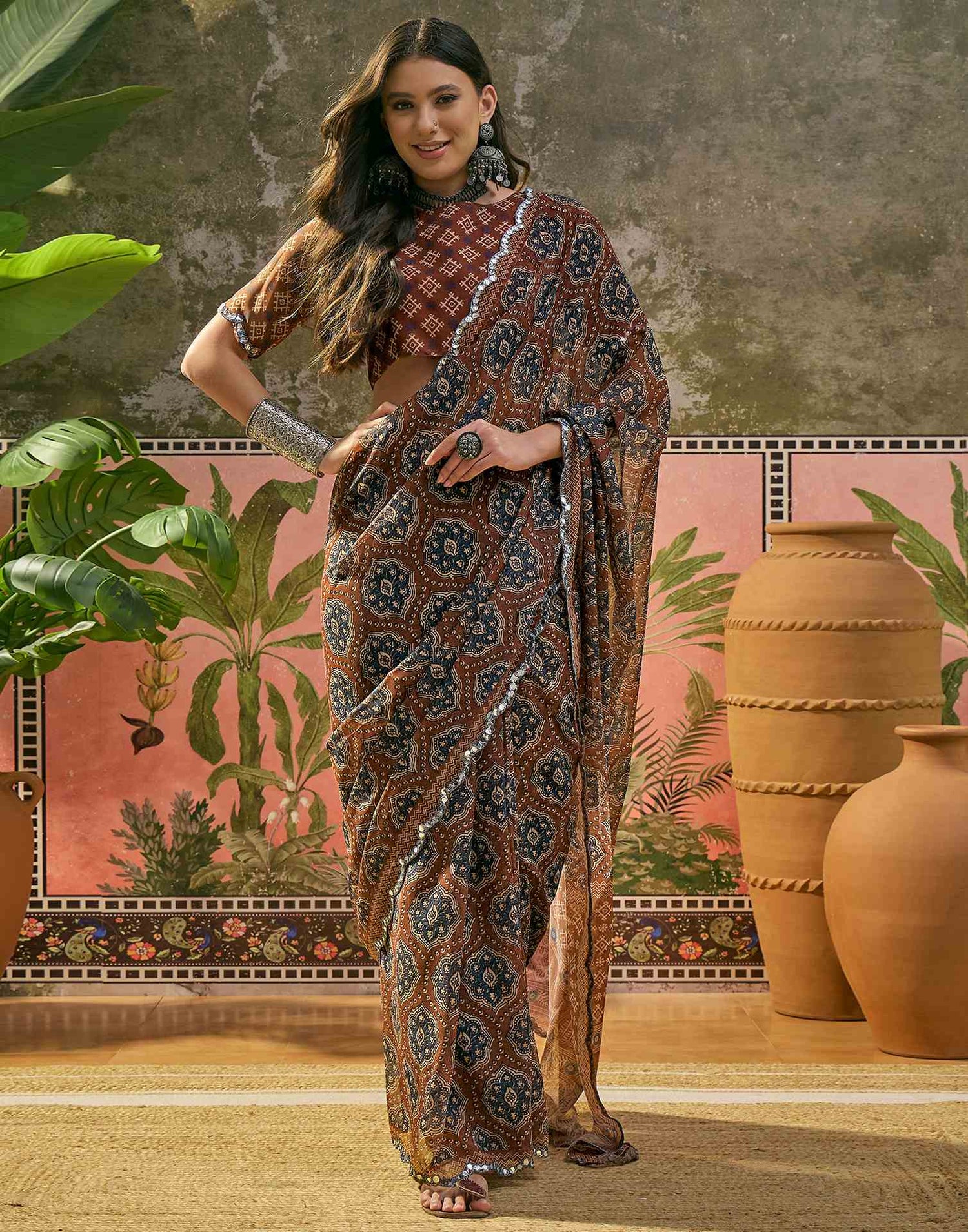 Brown Georgette Printed Mirror Work Saree