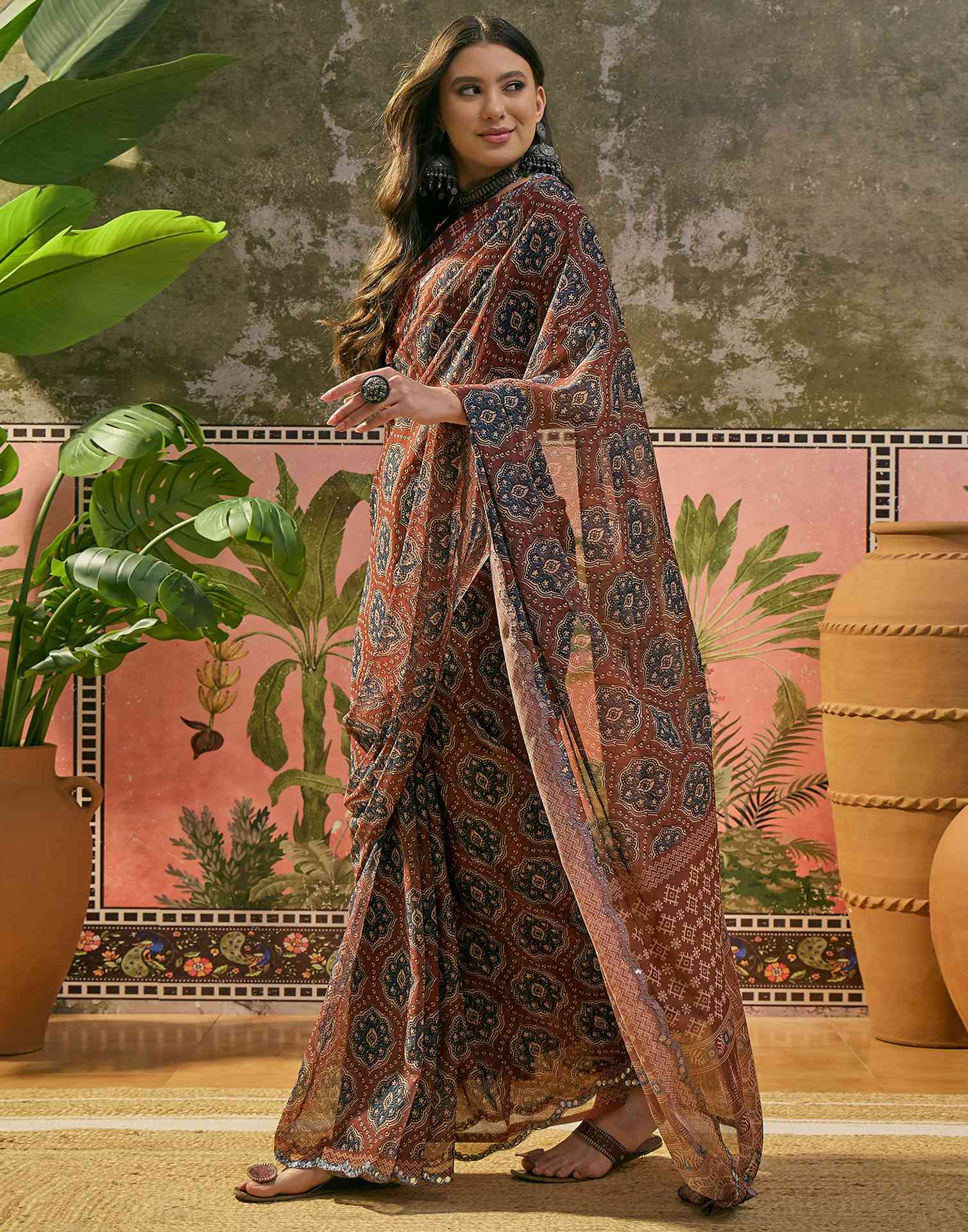 Brown Georgette Printed Mirror Work Saree