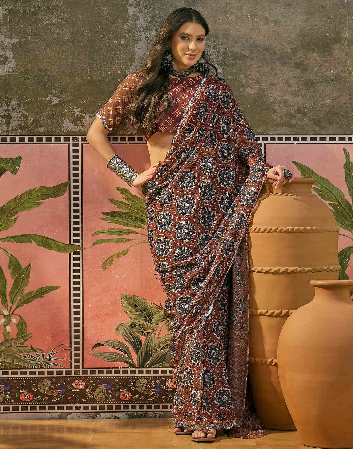 Brown Georgette Printed Mirror Work Saree