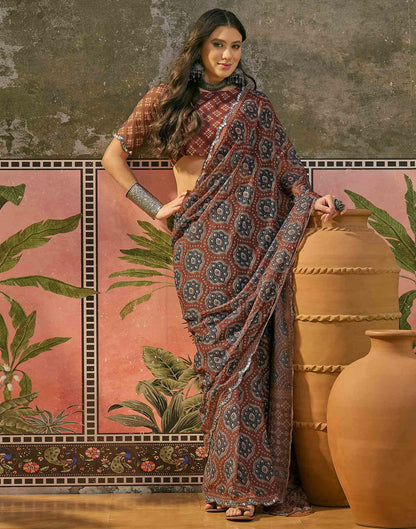Brown Georgette Printed Mirror Work Saree