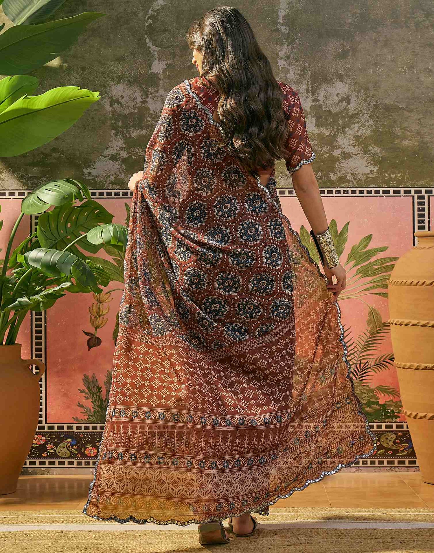 Brown Georgette Printed Mirror Work Saree