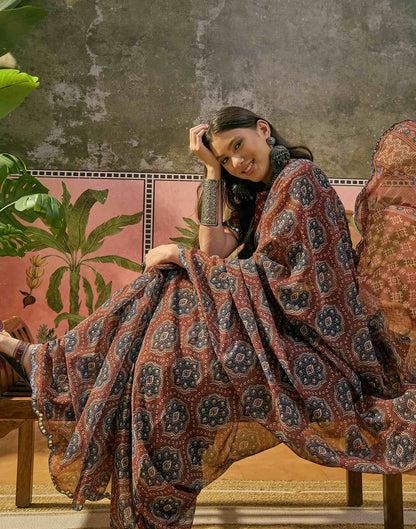 Brown Georgette Printed Mirror Work Saree