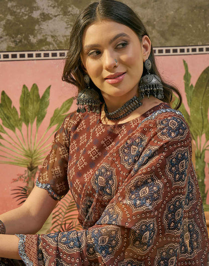 Brown Georgette Printed Mirror Work Saree