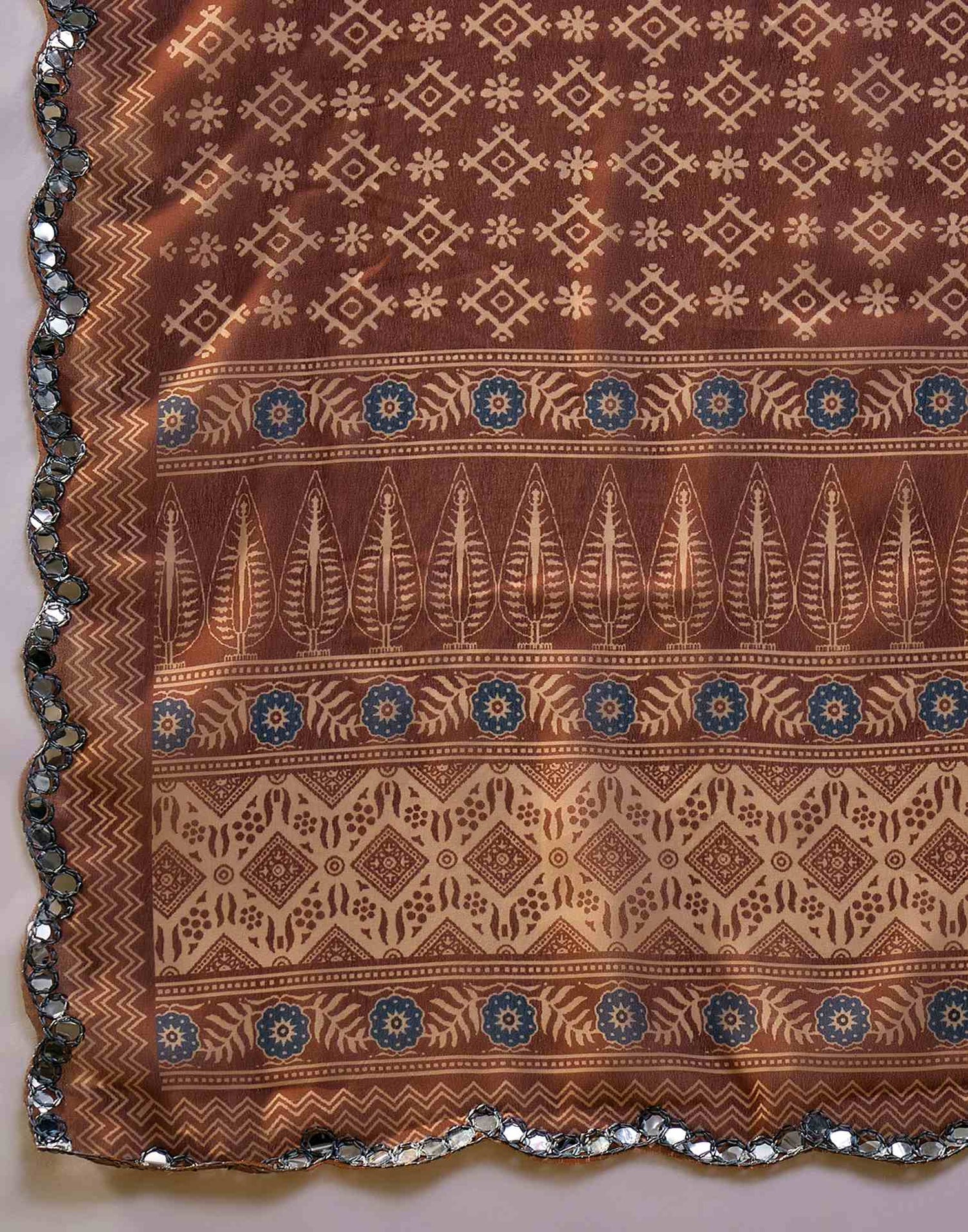 Brown Georgette Printed Mirror Work Saree