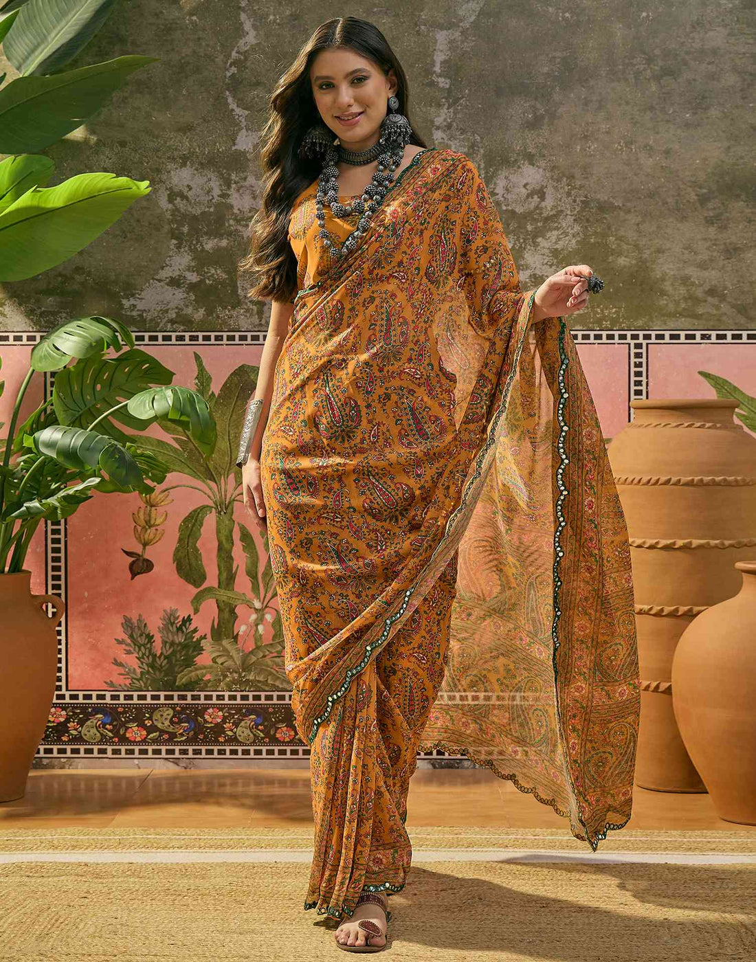 Mustard Yellow Georgette Printed Mirror Work Saree