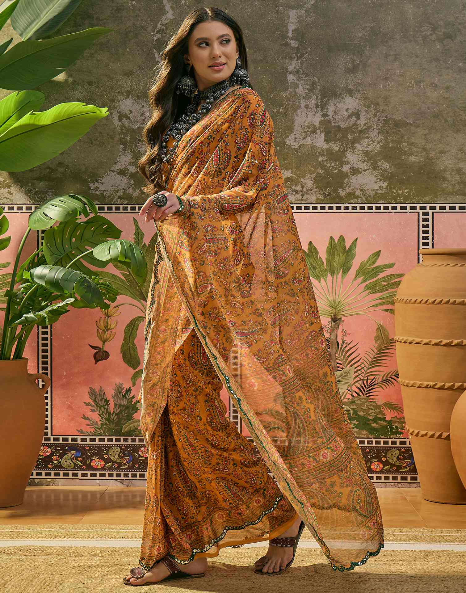 Mustard Yellow Georgette Printed Mirror Work Saree