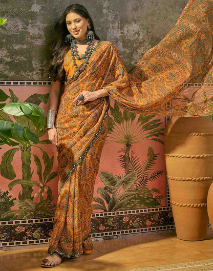 Mustard Yellow Georgette Printed Mirror Work Saree