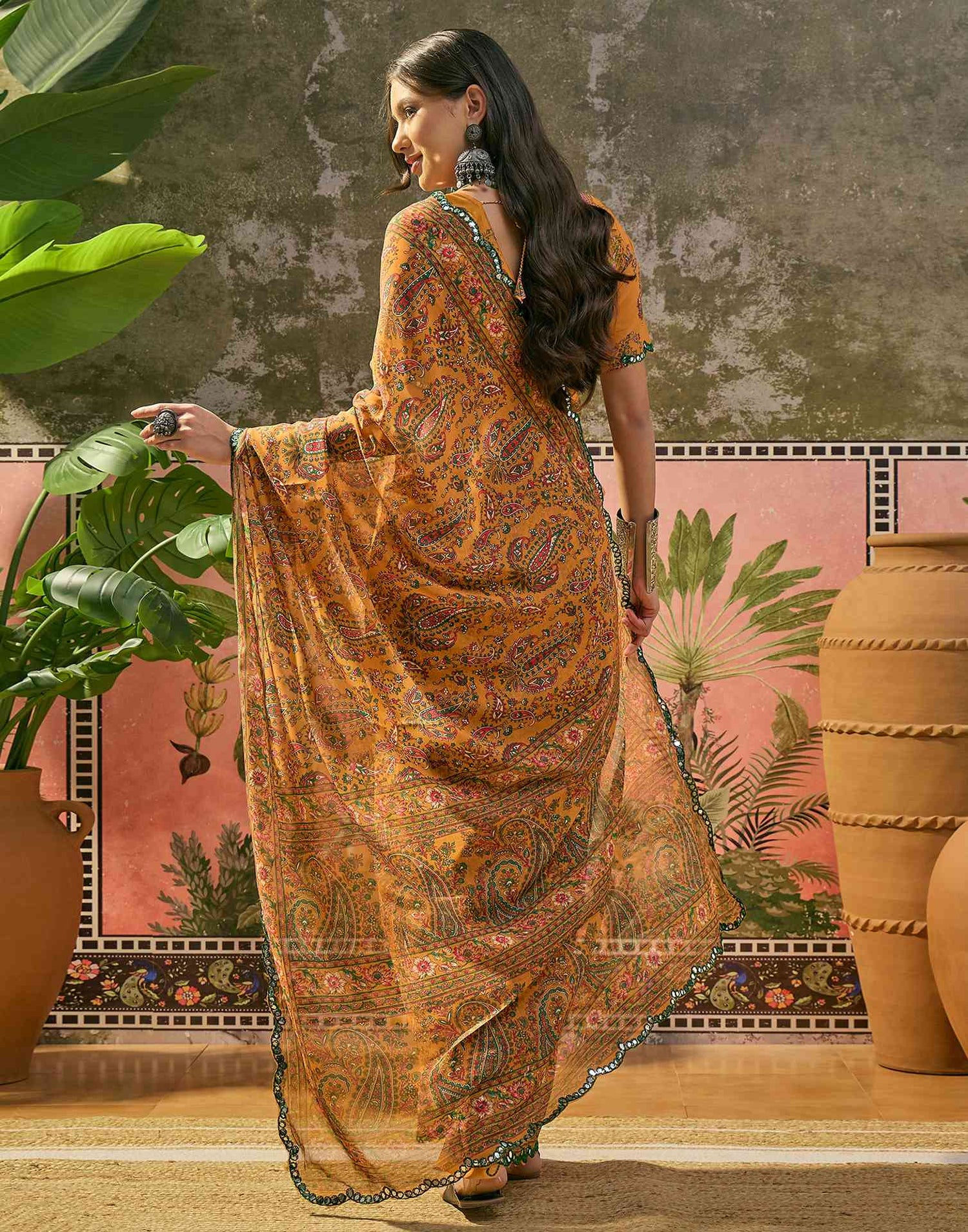 Mustard Yellow Georgette Printed Mirror Work Saree