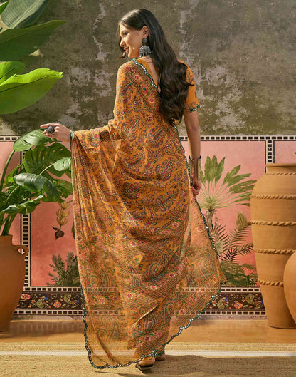 Mustard Yellow Georgette Printed Mirror Work Saree