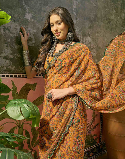 Mustard Yellow Georgette Printed Mirror Work Saree