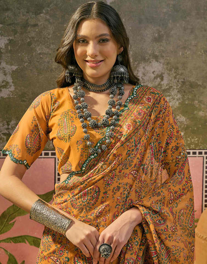 Mustard Yellow Georgette Printed Mirror Work Saree