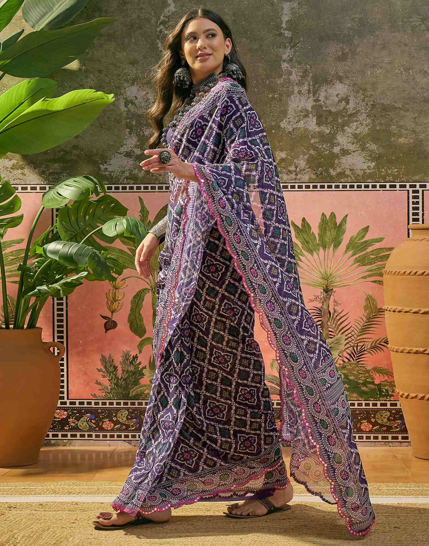 Purple Georgette Printed Mirror Work Saree