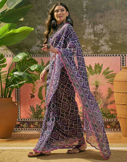 Purple Georgette Printed Mirror Work Saree