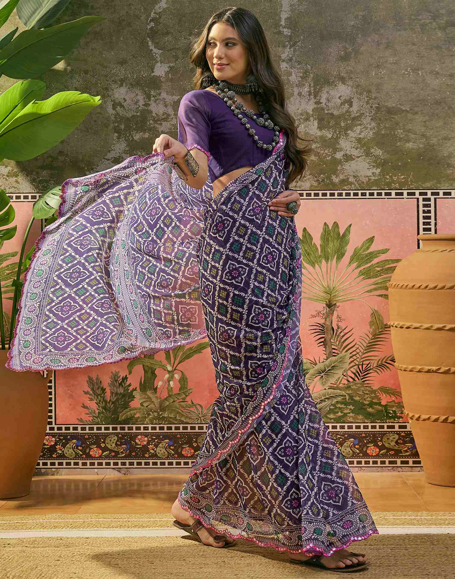 Purple Georgette Printed Mirror Work Saree