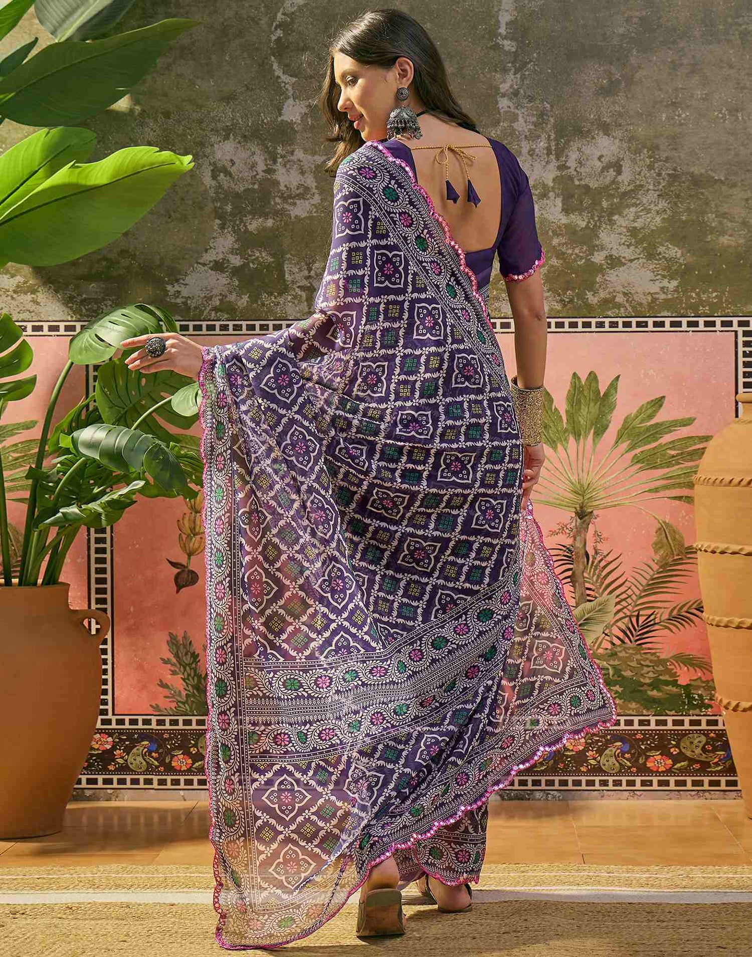 Purple Georgette Printed Mirror Work Saree
