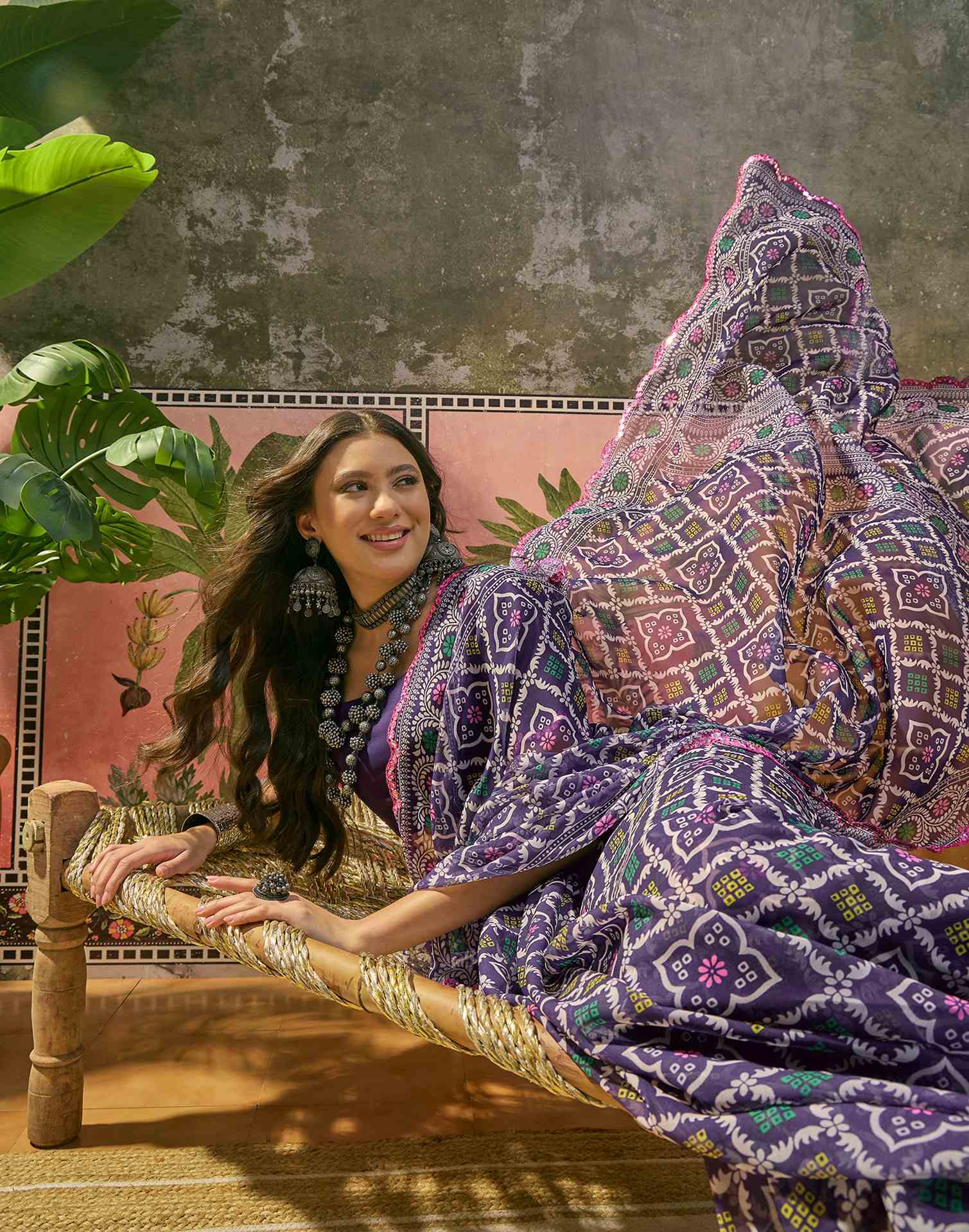 Purple Georgette Printed Mirror Work Saree