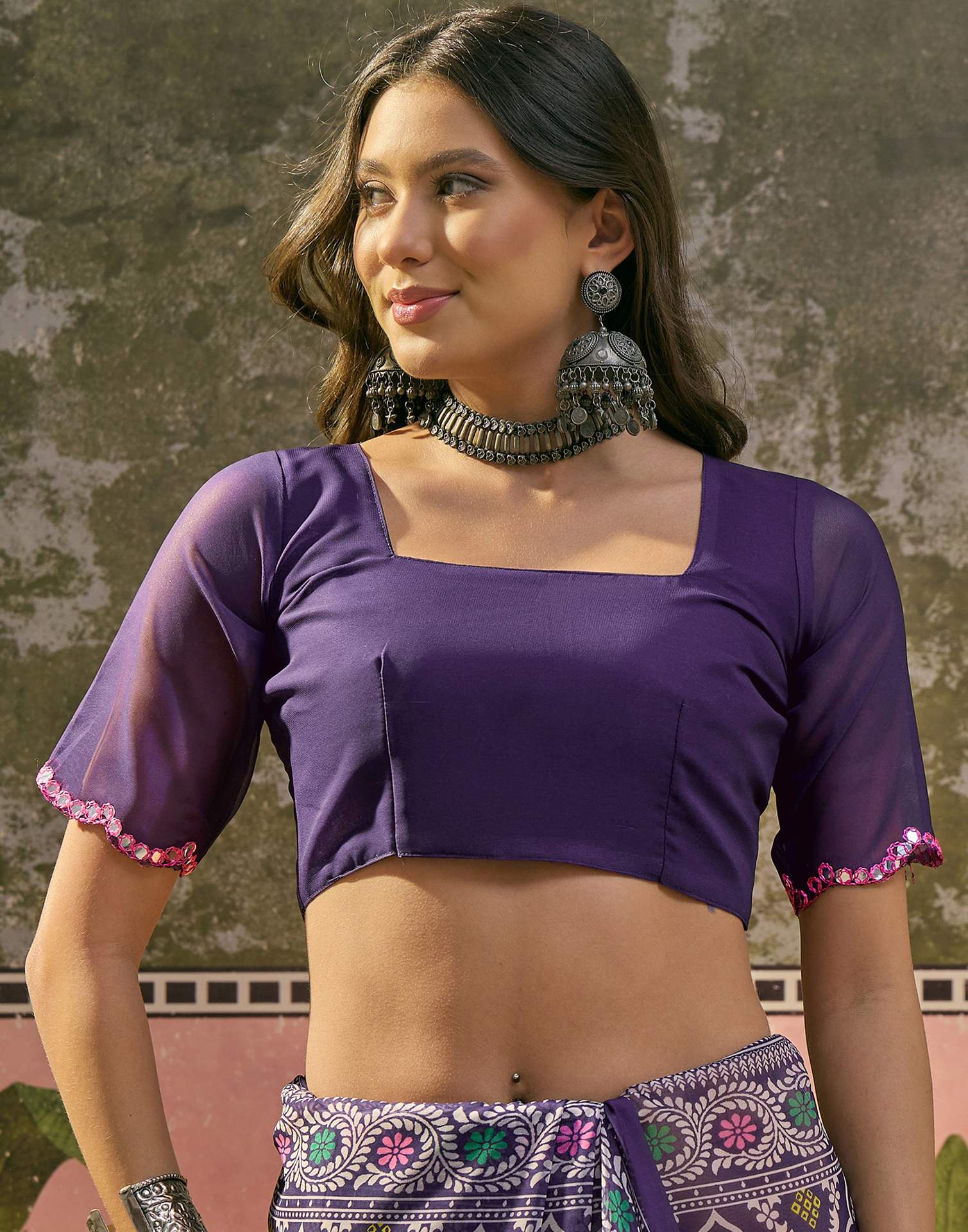 Purple Georgette Printed Mirror Work Saree