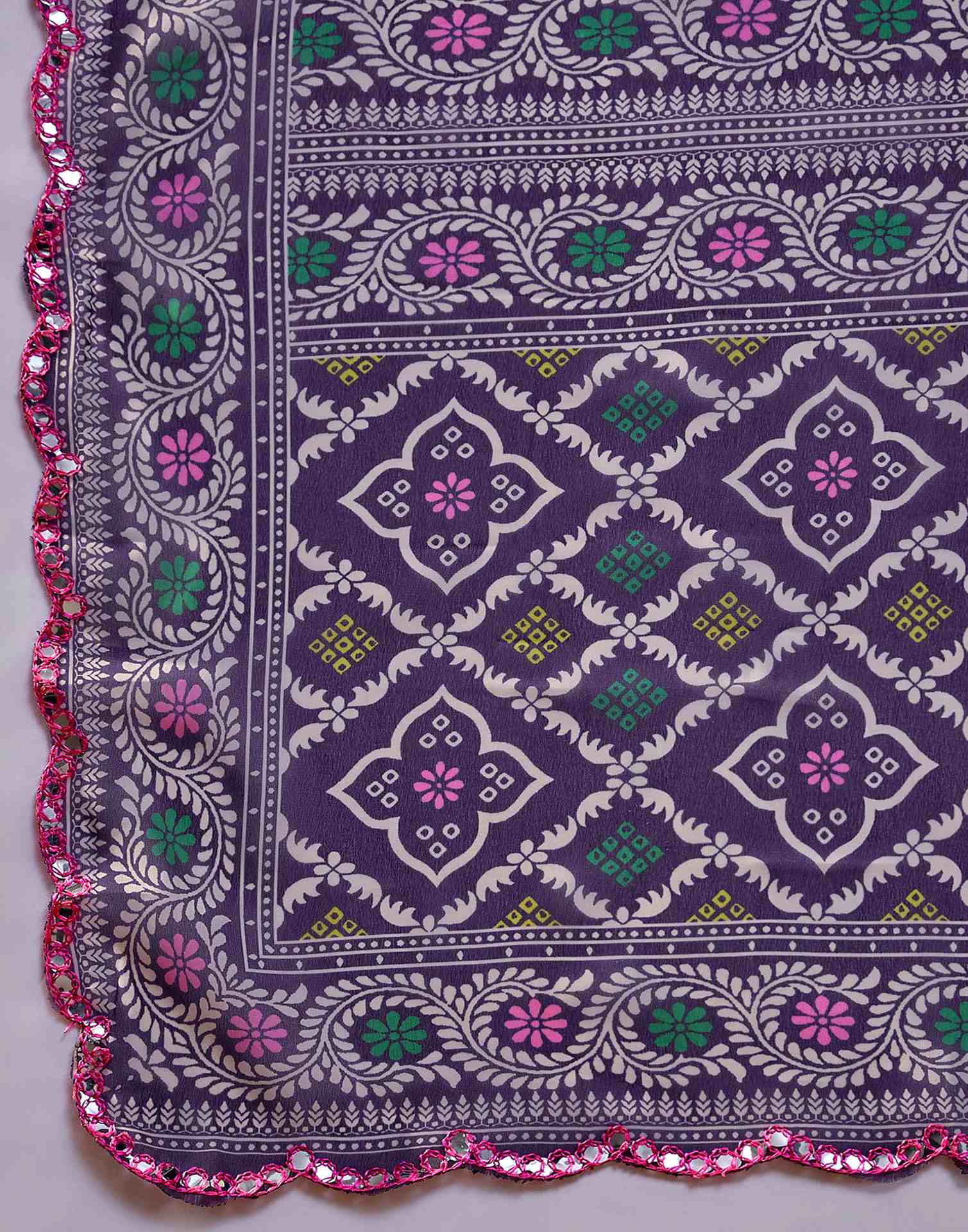 Purple Georgette Printed Mirror Work Saree