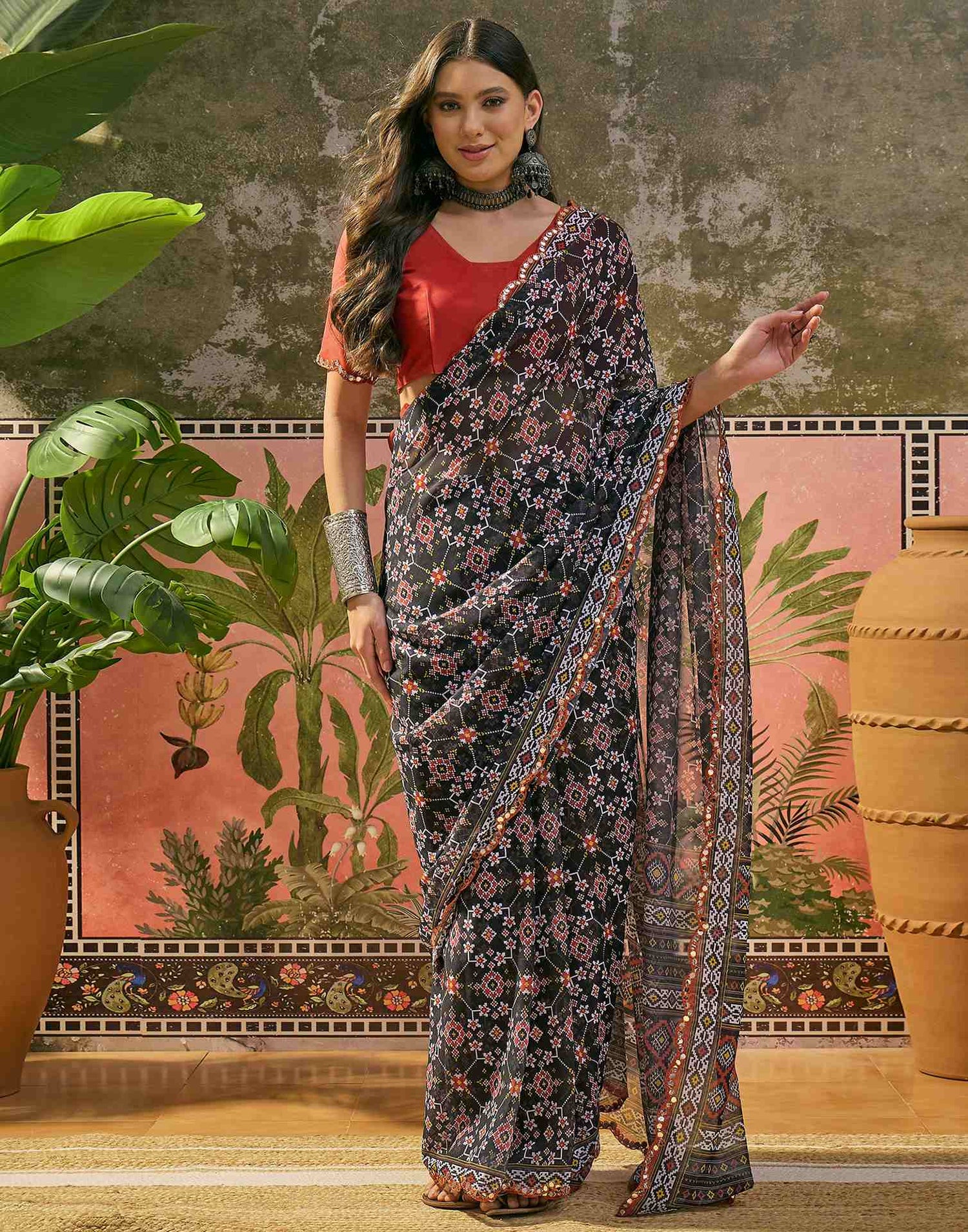 Black Georgette Printed Mirror Work Saree
