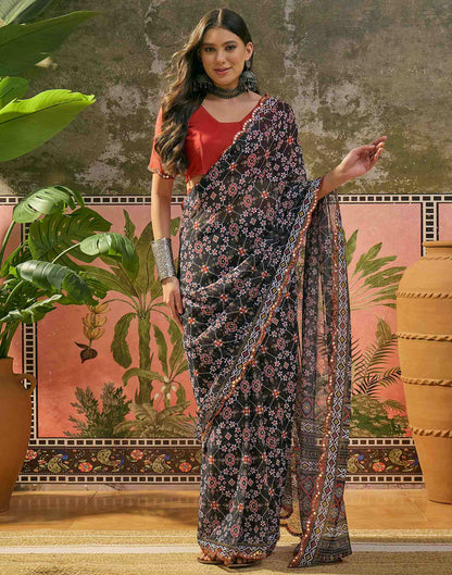 Black Georgette Printed Mirror Work Saree