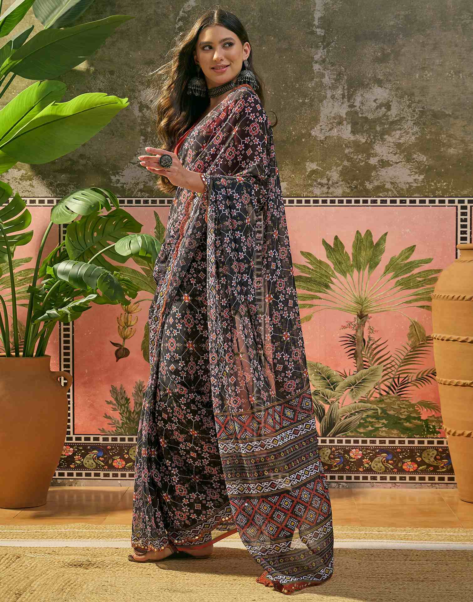 Black Georgette Printed Mirror Work Saree