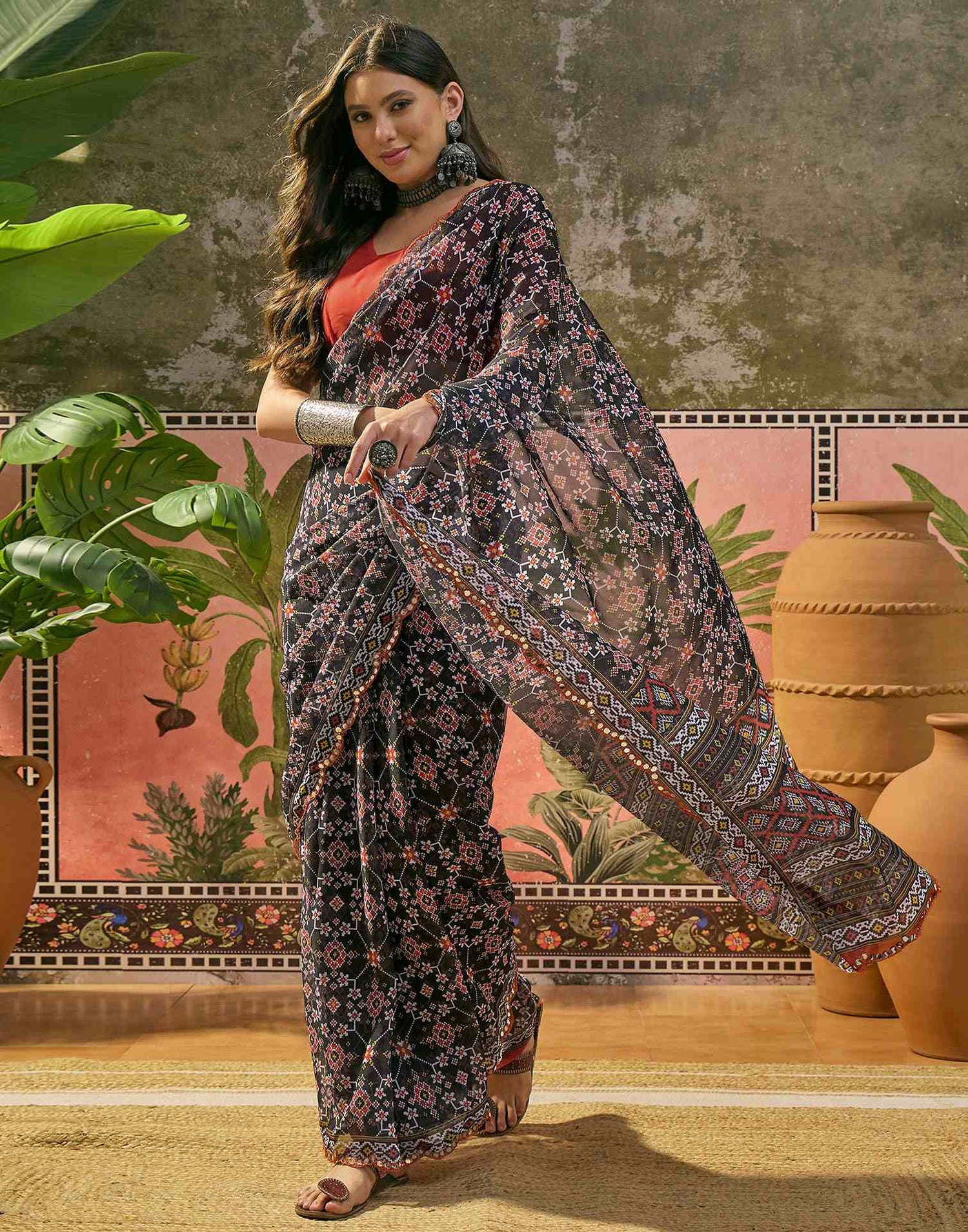 Black Georgette Printed Mirror Work Saree