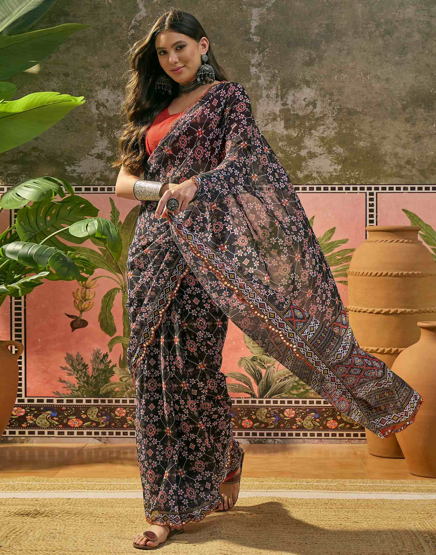Black Georgette Printed Mirror Work Saree