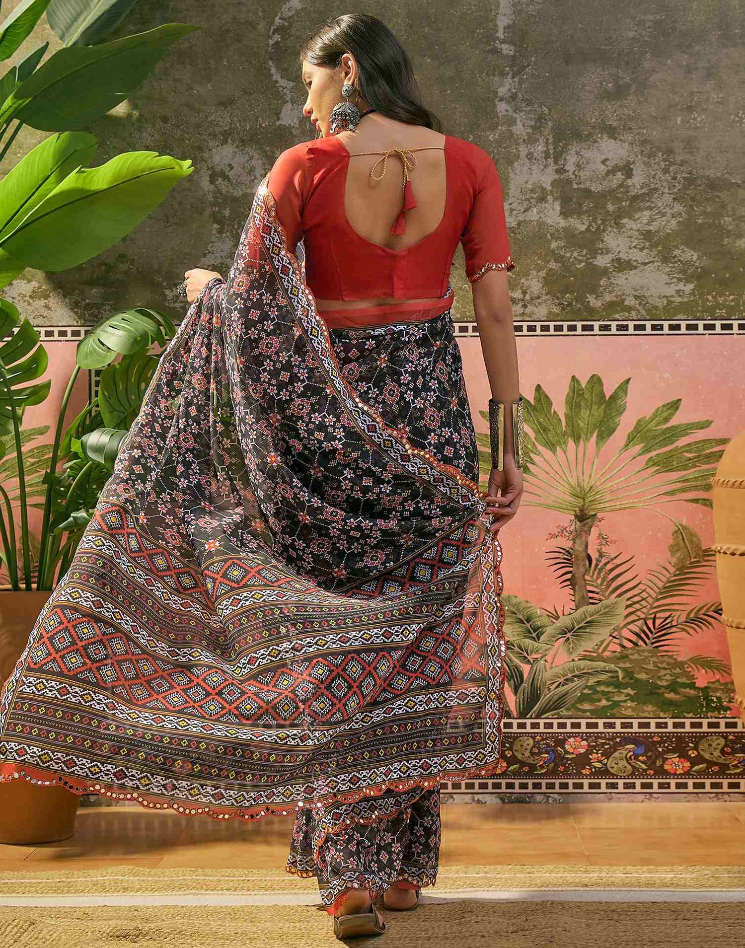 Black Georgette Printed Mirror Work Saree
