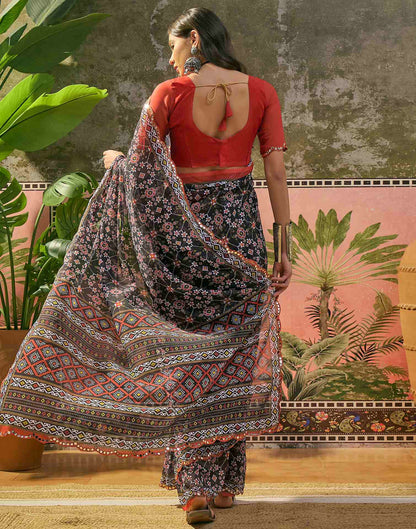 Black Georgette Printed Mirror Work Saree