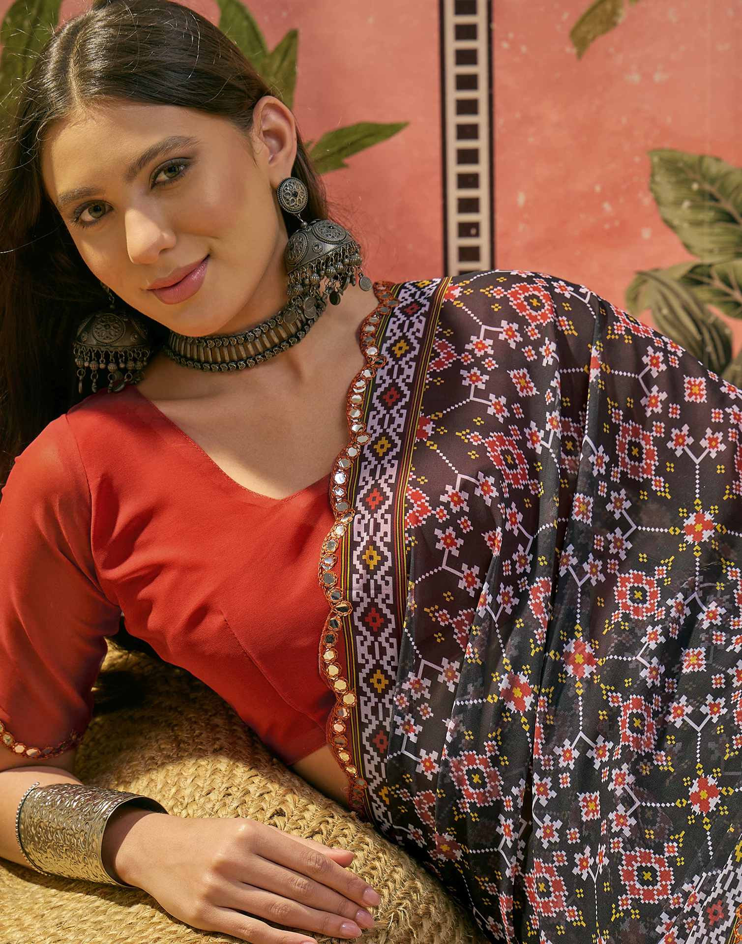 Black Georgette Printed Mirror Work Saree