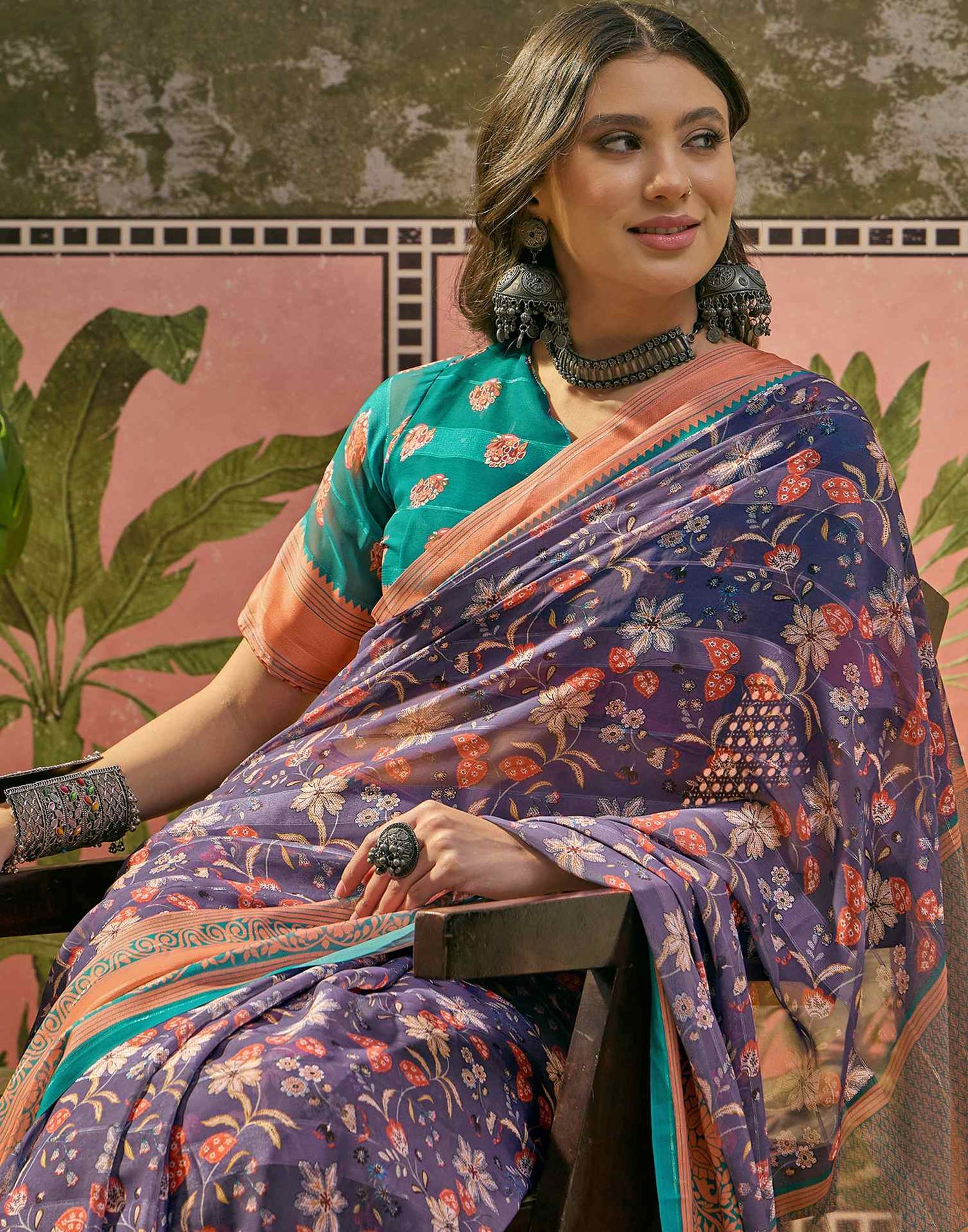 Dusty Purple Georgette Printed Saree