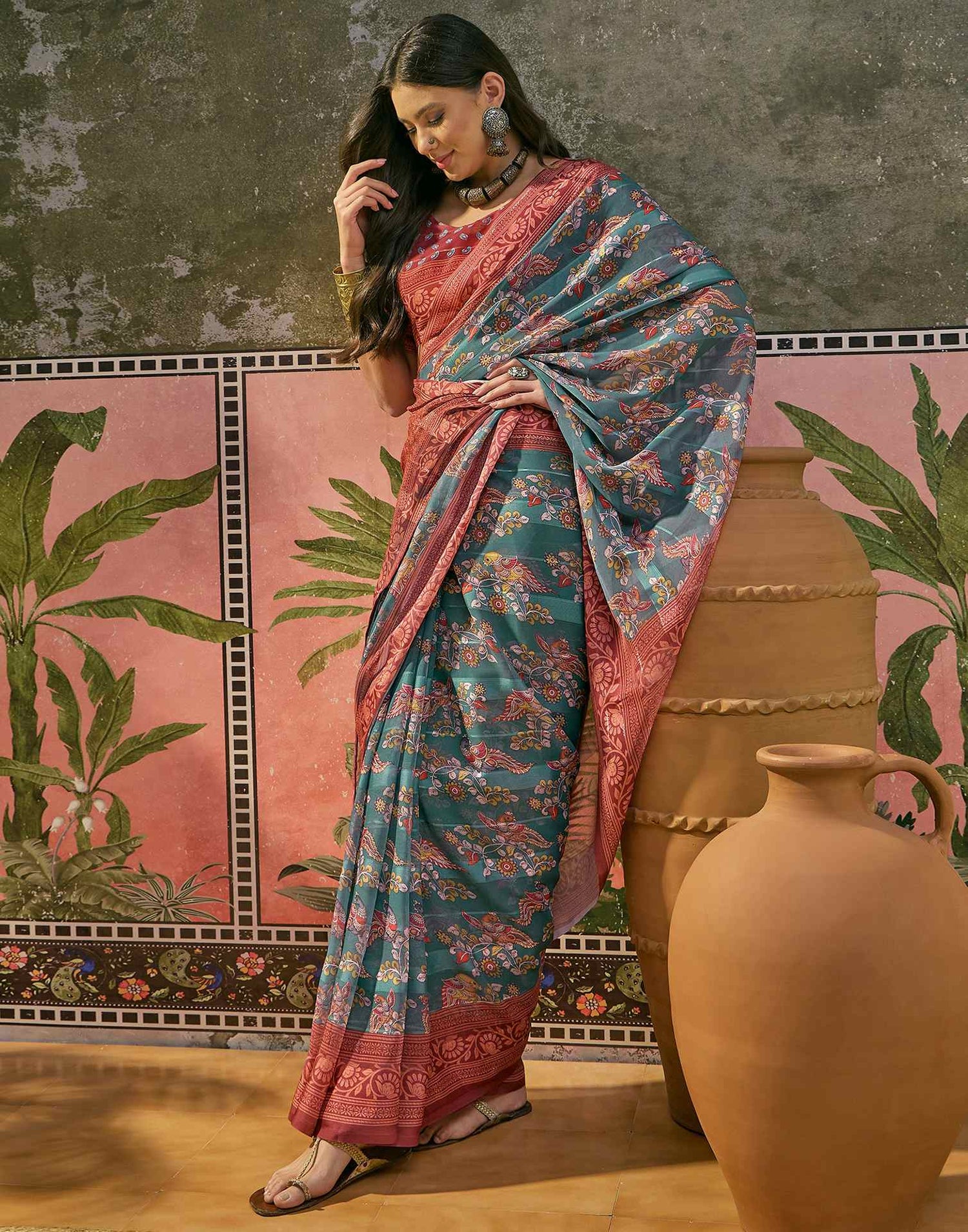 Dusty Teal Green Georgette Printed Saree
