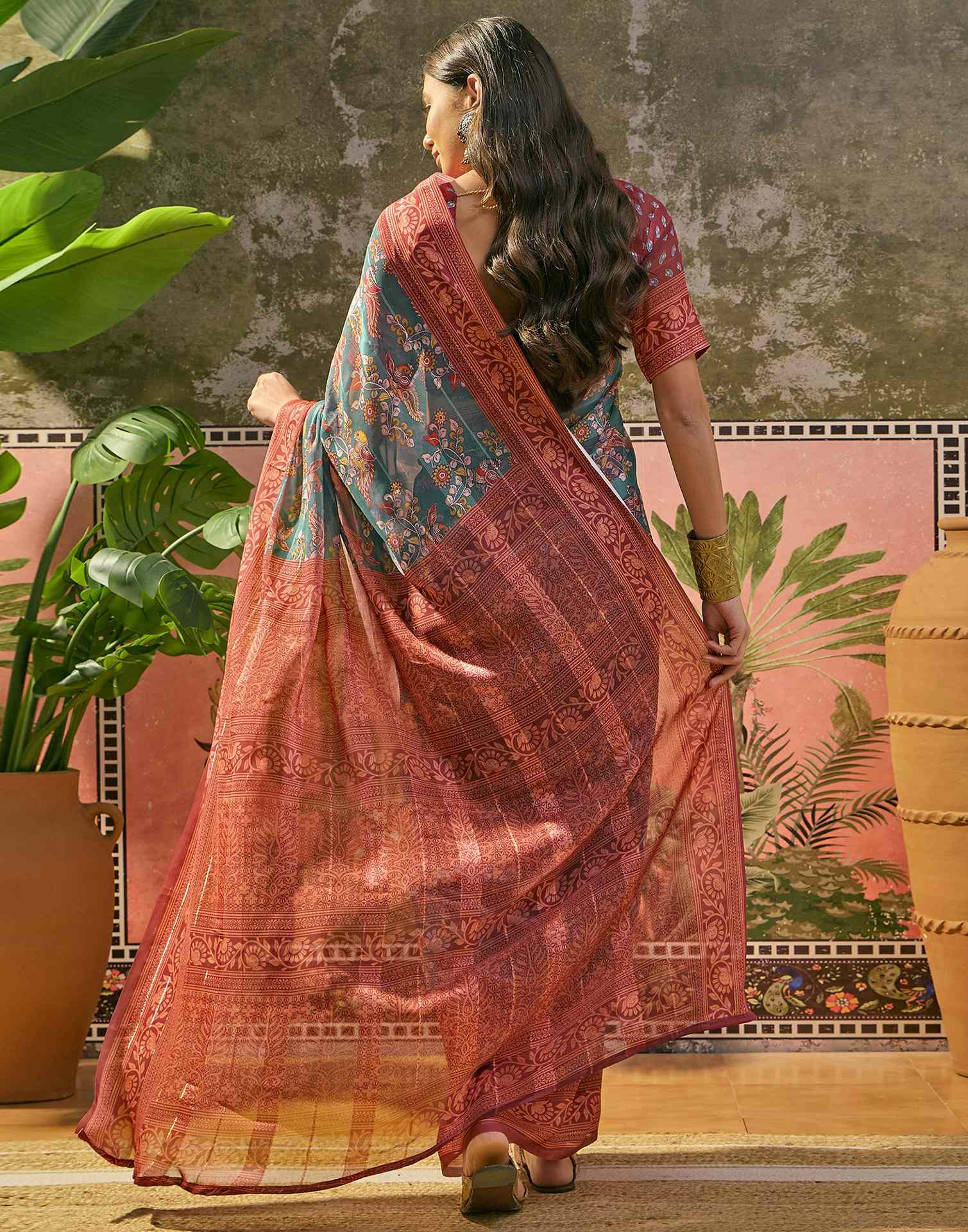 Dusty Teal Green Georgette Printed Saree