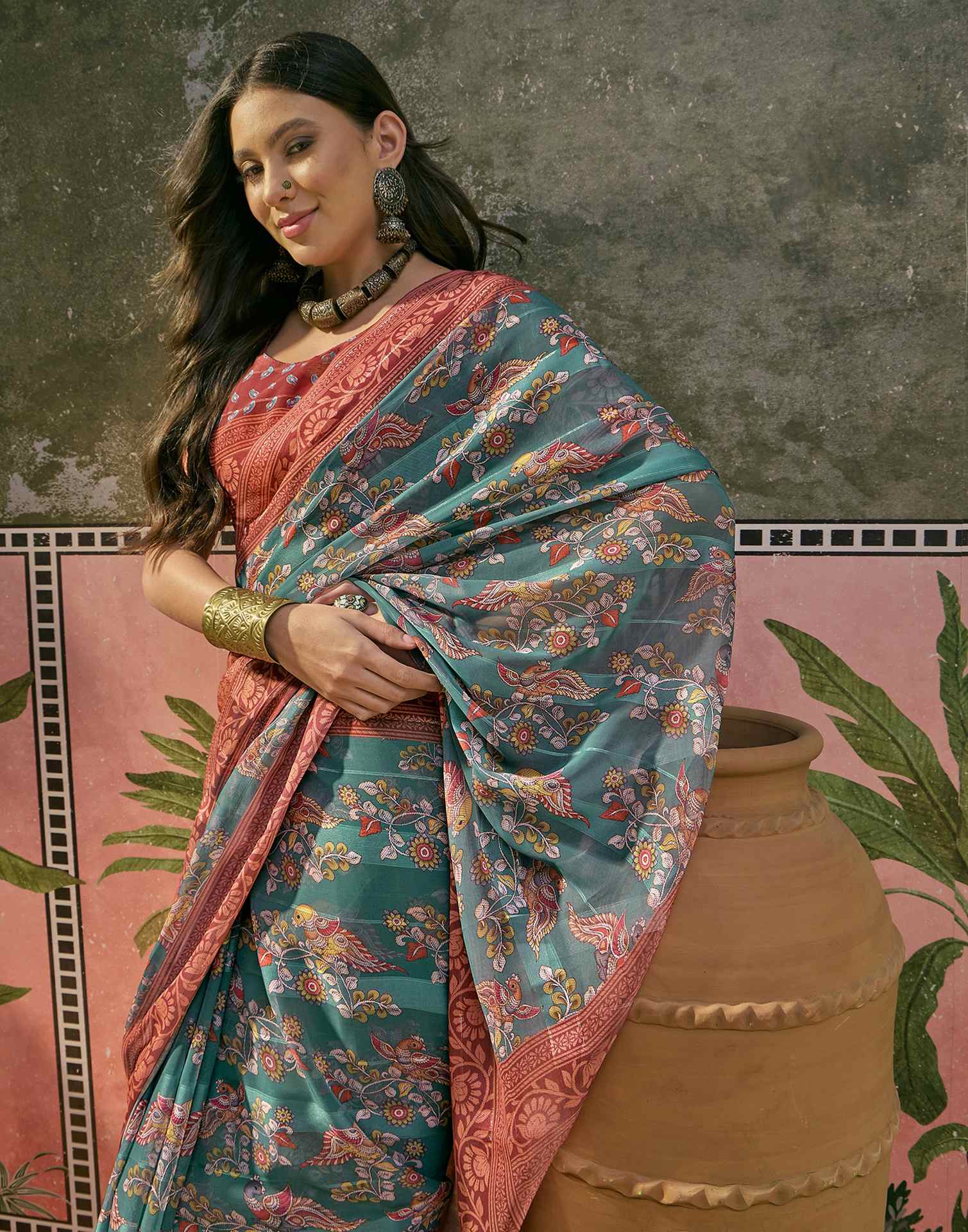 Dusty Teal Green Georgette Printed Saree