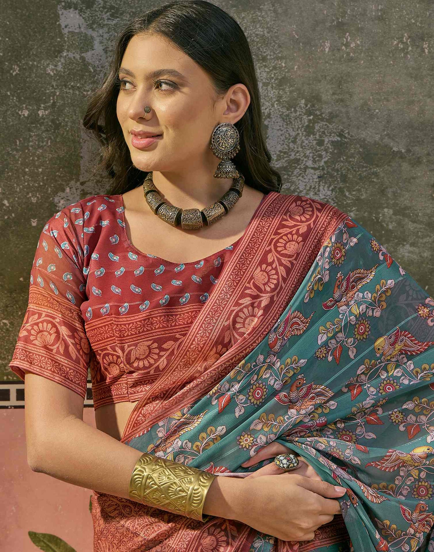 Dusty Teal Green Georgette Printed Saree