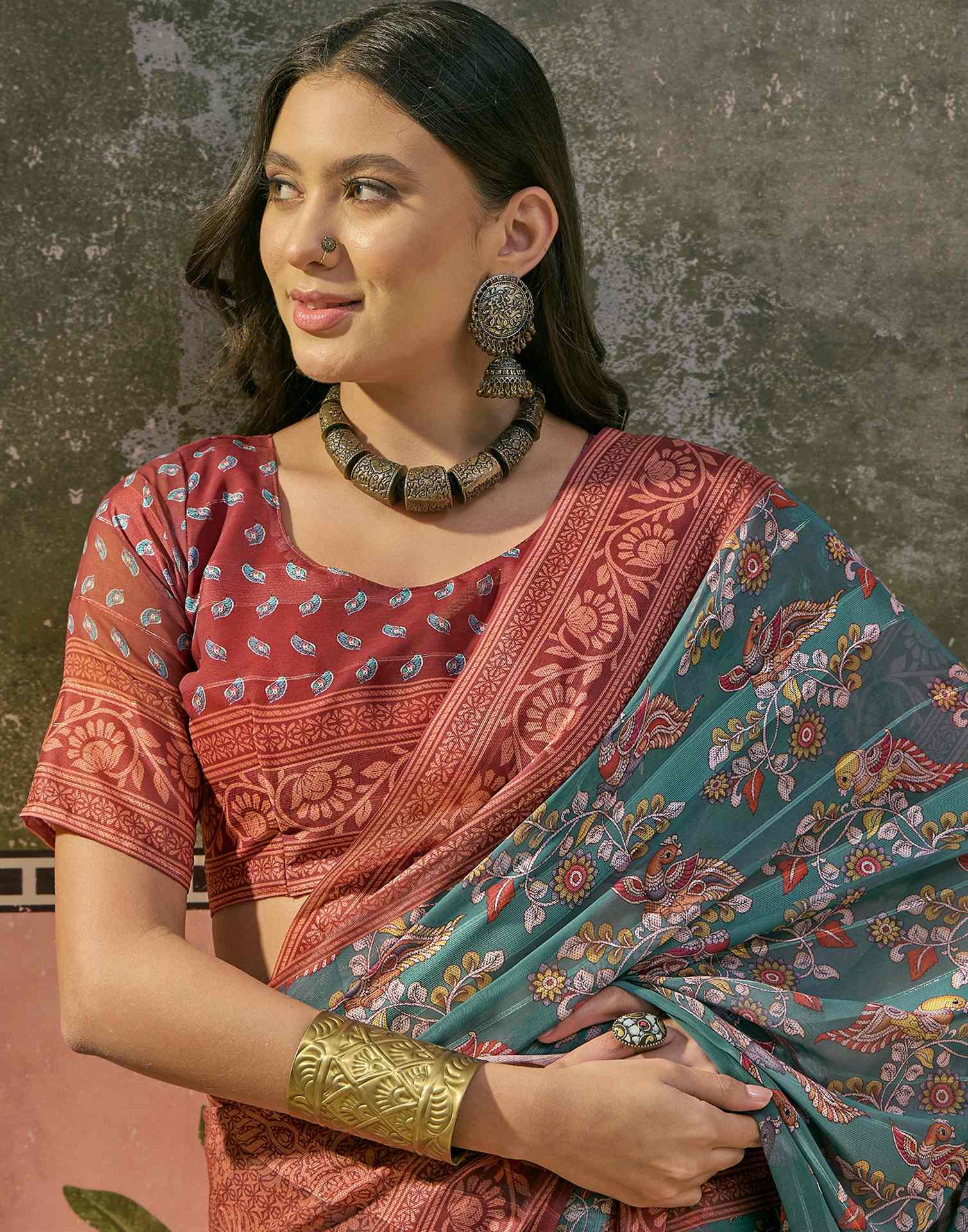 Dusty Teal Green Georgette Printed Saree