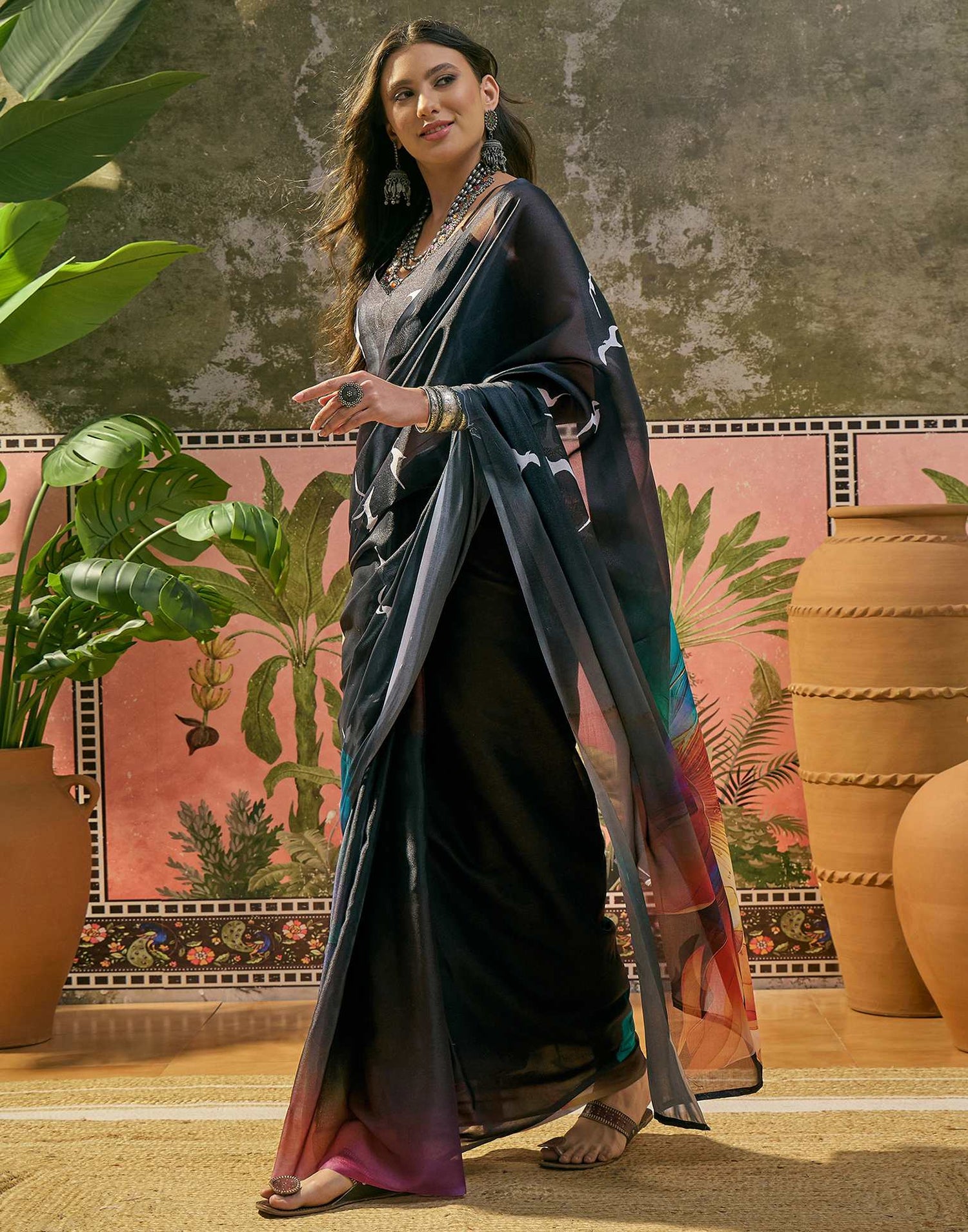 Black Shimmer Georgette Printed Saree 